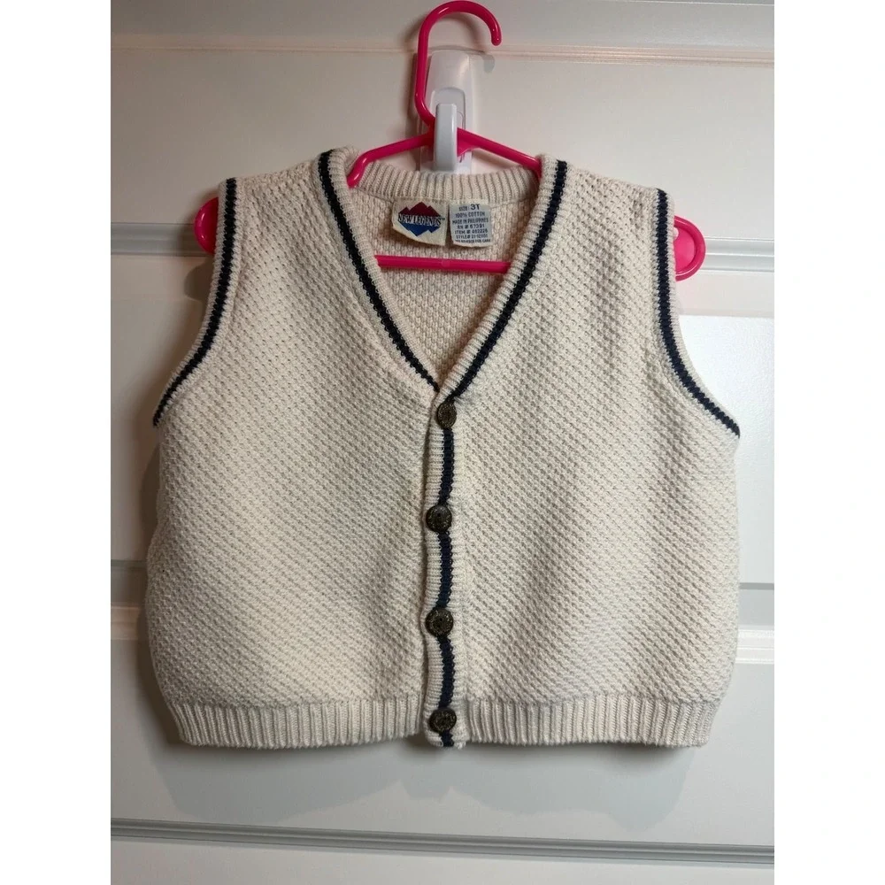 3. Vintage New Legends Kids 3T Cream Navy Blue Textured Knit Button Front Vest